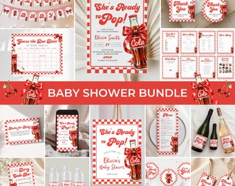 She's Ready to Pop Baby Shower Bundle | Soda Baby Shower Invite Set | Red Gingham Cola Baby Shower Decor | Girl Bow Soda Game Package | BS48