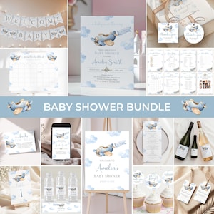 Blauwe vliegtuigbabyshowerbundel | Vintage uitnodigingsset babyshower vliegtuig | Decoratiepakket babyshower op reis | Babyshowergames vliegtuig | BS4