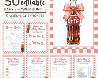 She's Ready to Pop Baby Shower Game Bundle | Girl Bow Soda Baby Shower Game Set | Soda Baby Shower Games | Red Gingham Cola Game Pack | BS52