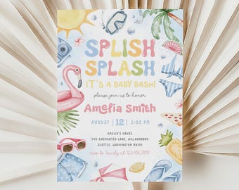 Splish Splash Baby Shower Invitation | Tropical Summer Baby Shower Invite | Beach Baby Shower Invite Template | Pool Party Invitation | BS13