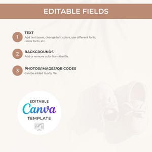 May include: A digital template with the text "EDITABLE FIELDS" at the top. The template includes instructions for adding text, changing backgrounds, and adding photos. A Canva template logo is also present, along with a pair of baby shoes.