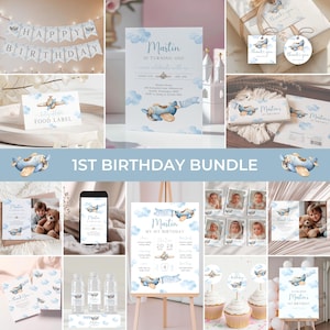 Pacchetto di inviti per il primo compleanno di un aeroplano / Pacchetto di inviti per il compleanno di Time Flies / Set di compleanno per il primo volo di un bambino / Kit di decorazioni per feste in aereo / BD4