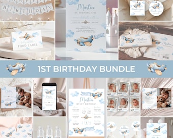 Airplane 1st Birthday Invitation Bundle | Time Flies Birthday Invite Package | Boy First Flight Birthday Set | Plane Party Decor Kit | BD4