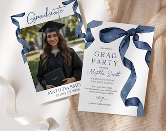 Blue Bow Graduation Party Invitation | Editable Photo Graduation Invite | Graduation Announcement | Class of 2026 | Minimalist Grad Invite
