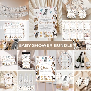 May include: A baby shower bundle featuring various stationery items with a dog theme. Includes invitations, banners, games, and decorations. The text "Baby Shower Bundle" is prominently displayed.