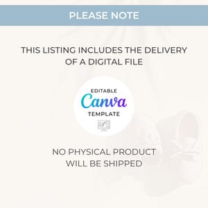 Puede incluir: Texto superpuesto sobre un fondo blanco con una pancarta azul en la parte superior que dice "PLEASE NOTE". El texto dice "Esta lista incluye la entrega de un archivo digital. Plantilla de Canva editable. No se enviar&aacute; ning&uacute;n producto f&iacute;sico."