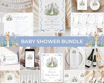 Peter Rabbit Baby Shower Bundle | Flopsy Bunny Baby Shower Invite Set | Blue Bow Bunny Baby Shower Decor Pack | Rabbit Shower Games | BS16