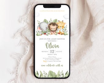 Safari Animals Baby Shower Evite | Wild One Baby Shower Phone Invitation | Jungle Animals Baby Shower Invite | Editable Template | BS3