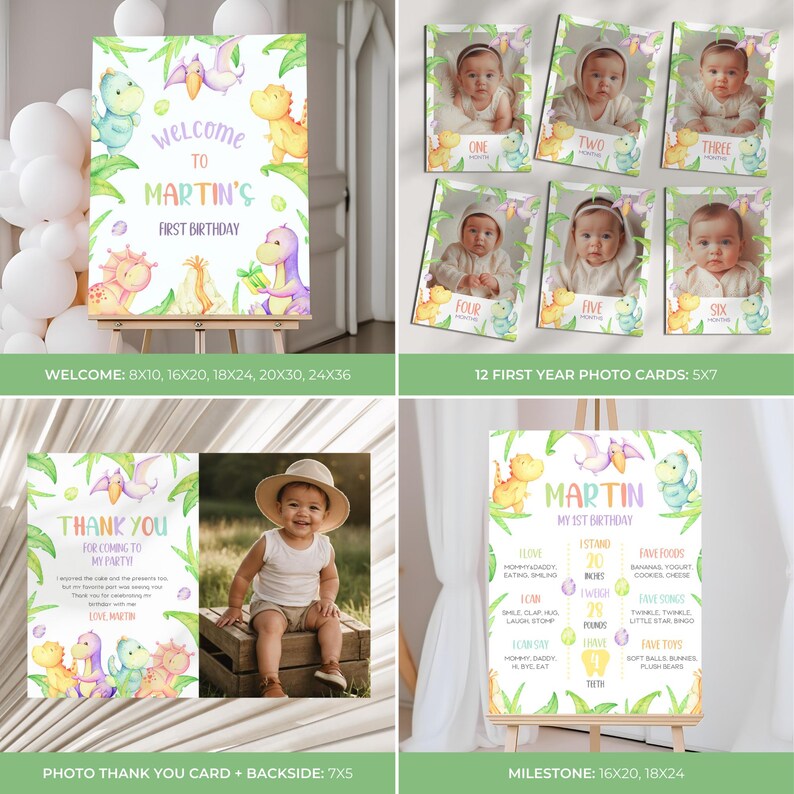 May include: A collection of dinosaur-themed birthday party decorations. Includes a welcome sign with the text "Welcome to Martin's First Birthday", photo cards, a thank you card, and a milestone sign. The decorations feature colorful dinosaur illustrations.