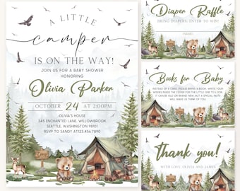 May include: Watercolor baby shower invitation set with a camping theme. The main invitation reads "A Little Camper is on the Way!" and includes details for Olivia Parker's baby shower. Additional cards include "Diaper Raffle," "Books for Baby," and "Thank You!"