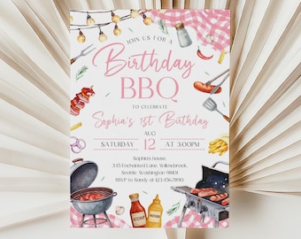 BBQ 1st Birthday Invitation | Backyard Grill Birthday Invite | Editable Barbecue Birthday Invitation | Pink Picnic Birthday Invite | BD42
