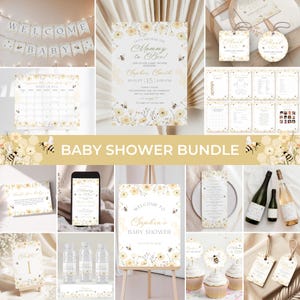 Peut inclure: Ensemble de décorations de baby shower sur le thème des abeilles. Comprend des bannières, des invitations, des étiquettes et des panneaux avec des motifs floraux et d'abeilles. La palette de couleurs est principalement blanche, jaune et or. Le texte "WELCOME BABY" et "BABY SHOWER BUNDLE" est visible.