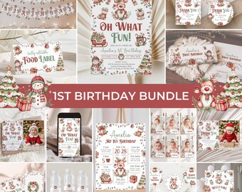 May include: A selection of 1st birthday party decorations and stationery. The set includes invitations, banners, food labels, thank you tags, water bottle labels, and cupcake toppers. The designs feature reindeer, snowmen, and Christmas tree illustrations with the text "Oh What Fun!" and "Amelia's 1st Birthday".