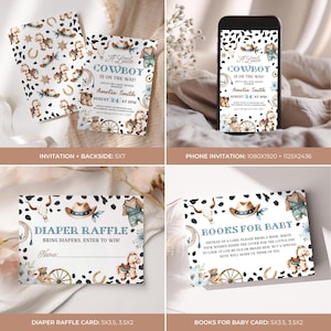 May include: A collection of baby shower stationery with a cowboy theme. Includes invitations, a phone invitation, a diaper raffle card, and a book for baby card. Designs feature cowboy hats, horses, and the text "A Little Cowboy is on the Way!"