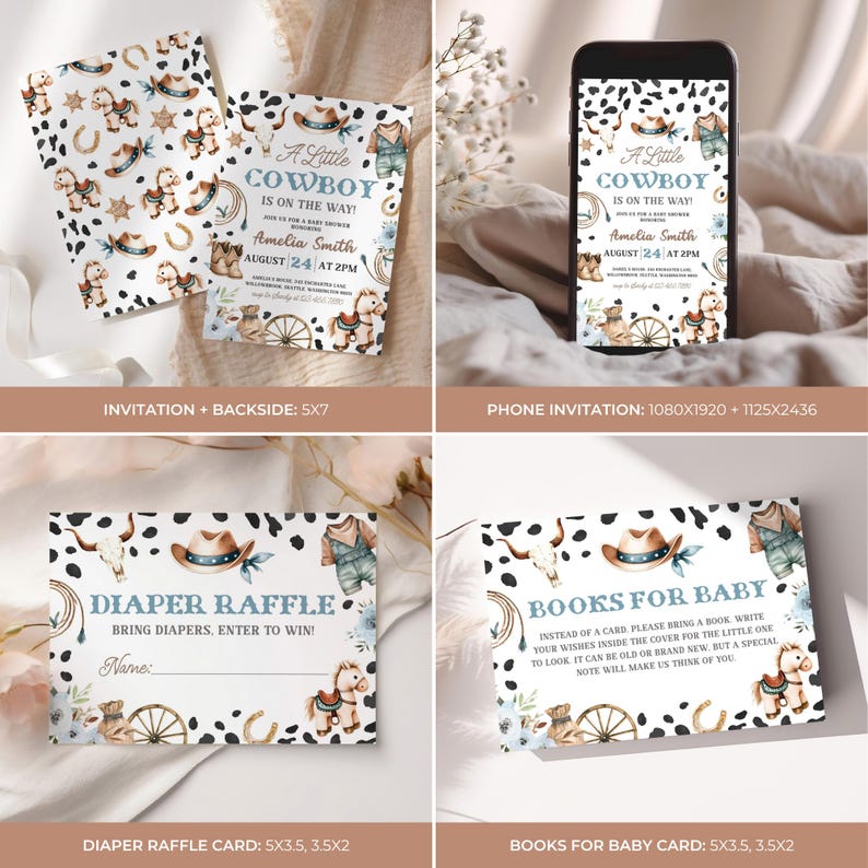 May include: A collection of baby shower stationery with a cowboy theme. Includes invitations, a phone invitation, a diaper raffle card, and a book for baby card. Designs feature cowboy hats, horses, and the text "A Little Cowboy is on the Way!"