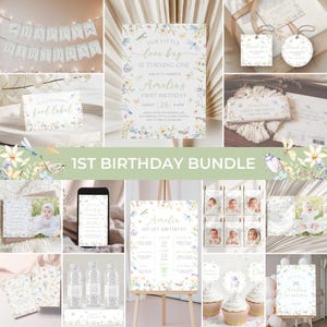May include: A collection of party supplies for a first birthday celebration. The items include invitations, banners, food labels, water bottle labels, thank you tags, and cupcake toppers. The designs feature floral and insect illustrations with the text "Amelia's First Birthday".