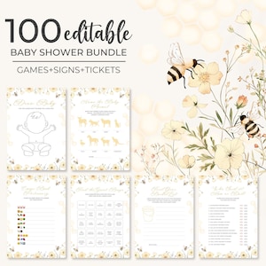 May include: A baby shower bundle with 100 editable games, signs, and tickets. The design features a bee theme with watercolor illustrations of bees, flowers, and honeycomb patterns. The bundle includes various game cards with prompts and fill-in-the-blank sections.