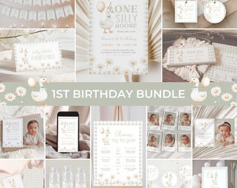One Silly Goose 1st Birthday Bundle | Goose Birthday Invitation Pack | Green Gingham Goose Birthday Decor | Goose Birthday Invite Set | BD12