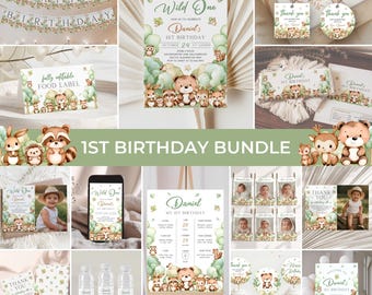 Woodland 1st Birthday Bundle | Wild One Birthday Invitation Pack | Woodland Animals Birthday Party Decor | Cute Forest Birthday Set | BD22