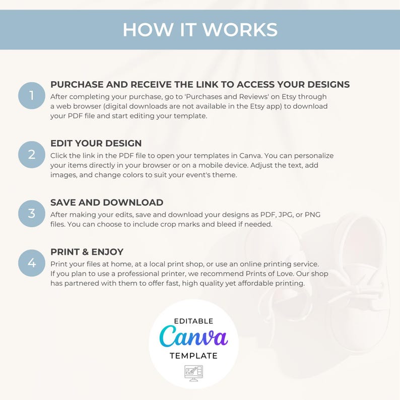 Puede incluir: Una gu&iacute;a sobre c&oacute;mo usar Canva para editar e imprimir dise&ntilde;os digitales. La gu&iacute;a describe cuatro pasos: comprar y recibir el enlace, editar tu dise&ntilde;o, guardar y descargar, e imprimir y disfrutar. La gu&iacute;a tambi&eacute;n menciona que los dise&ntilde;os son editables en Canva y se pueden imprimir en casa, en una tienda de impresi&oacute;n local o utilizando un servicio de impresi&oacute;n en l&iacute;nea.
