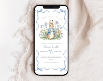 Editable Peter Rabbit Baby Shower Evite | Flopsy Bunny Baby Shower Electronic Invite | Blue Bow Bunny Baby Shower Mobile Invitation | BS16