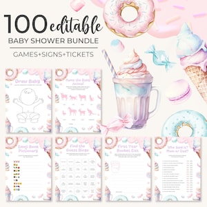 May include: A baby shower bundle with the text "100 editable BABY SHOWER BUNDLE GAMES+SIGNS+TICKETS". The image features baby shower games, including "Draw Baby", "Name the Baby Animal", and "Who Said it? Mom or Dad?" in a pastel color scheme.