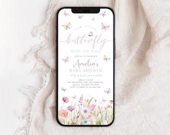Butterfly Baby Shower Phone Invitation | Girl Floral Baby Shower Evite | Wildflower Baby Shower Electronic Invite | Editable Template | BS7