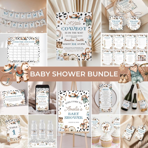 Cowboy Baby Shower Invitation Bundle | Rodeo Baby Shower Invite Set | A Little Cowboy Baby Shower Decor | Wild West Baby Shower Games | BS20