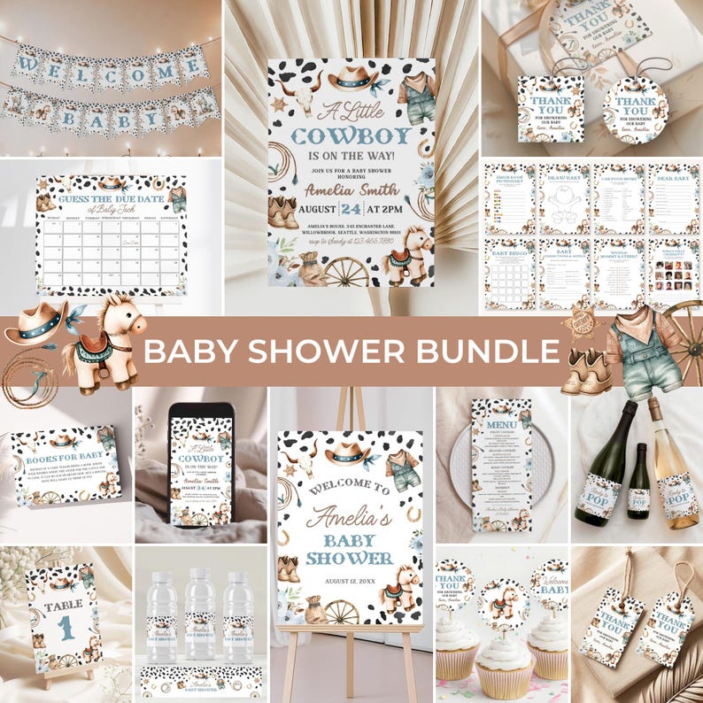 May include: A collection of baby shower decorations and stationery with a cowboy theme. Includes banners, invitations, games, cupcake toppers, and thank you tags. The color palette features brown, blue, and white with cowboy-themed illustrations.