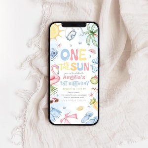 One In The Sun 1st Birthday Phone Invitation | Summer Birthday Evite | Beach Pool Party Digital Evite | Tropical Theme Birthday Evite | BD13