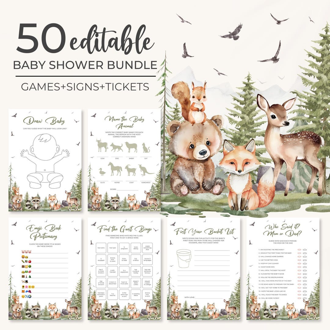 Woodland Baby Shower Game Bundle | Mountain Forest Baby Shower Game