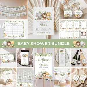 Może przedstawiać: Zestaw dekoracji i artykułów papierniczych na baby shower z motywem zwierząt z dżungli. Zawiera zaproszenia, banery, kalendarz, menu, dekoracje na babeczki, etykiety na butelki z wodą i podziękowania.