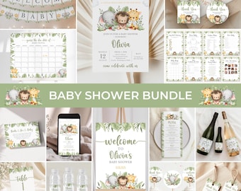 Editable Safari Baby Shower Bundle | Greenery Jungle Animals Baby Shower Pack | Wild One Baby Shower Invitation Set Printable Template | BS3