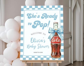 She's Ready to Pop Baby Shower Welcome Sign | Blue Gingham Cola Shower Welcome Poster | Soda Baby Shower Decor | Boy Bow Soda Board | BS53