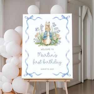 Peter Rabbit 1st Birthday Welcome Sign | Flopsy Bunny Birthday Welcome Poster | Blue Bow Bunny Birthday Decor | Boy Bunny Party Board | BD16