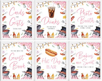 BBQ 1st Birthday Table Sign Bundle | Backyard Grill Birthday Table Sign Set | Barbecue Birthday Decor | Pink Picnic Table Sign Pack | BD42