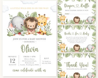 May include: A baby shower invitation set with a jungle theme. The invitation features an elephant, lion, and giraffe. Additional cards include a diaper raffle, book request, and thank you note. The invitation text reads "A Little Wild One Is On The Way!"