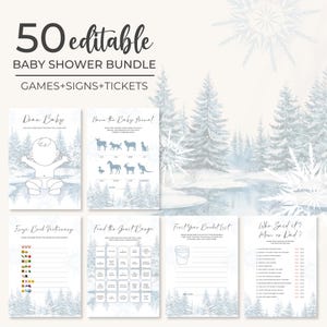 Zestaw gier na baby shower „Zimowy Las” | Edytowalny zestaw gier na baby shower „Kraina Czarów” | Zestaw gier na baby shower „Baby It&#39;s Cold Outside” | BS28