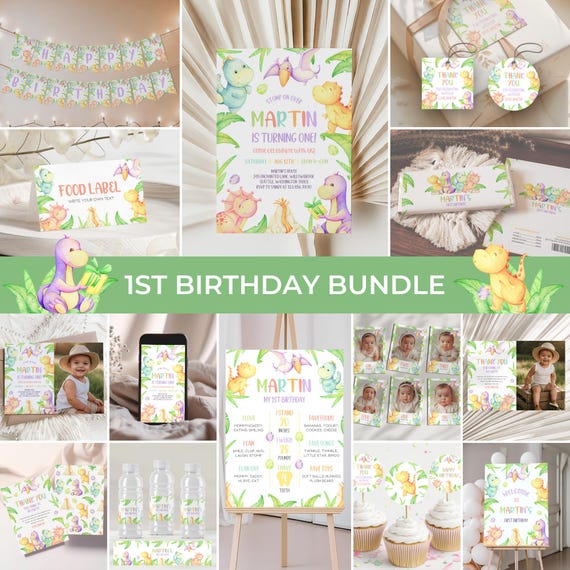 Dinosaur 1st Birthday Invitation Bundle | Editable Jurassic Birthday Invite Set | T-Rex Birthday Party Decor | Boy Dino Birthday Pack | BD6