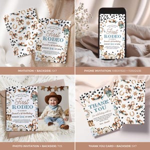May include: A collection of rodeo-themed invitations and cards. The designs feature a cowboy hat, horseshoe, and rocking horse pattern. The text reads "First Rodeo" and "Thank You", with event details. Includes a photo invitation and a phone invitation.