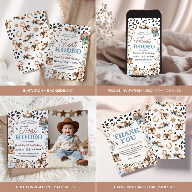 May include: A collection of rodeo-themed invitations and cards. The designs feature a cowboy hat, horseshoe, and rocking horse pattern. The text reads "First Rodeo" and "Thank You", with event details. Includes a photo invitation and a phone invitation.
