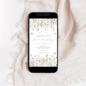 Wildflower 1st Birthday Phone Invitation | Editable Floral First Birthday Party Evite | Girl Flower 1st Birthday Electronic Invite | BD8