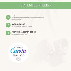 May include: A light background with the text "EDITABLE FIELDS" at the top. Below are numbered points describing how to edit the template. A Canva template logo is in the lower left, and two baby shoes are in the lower right.