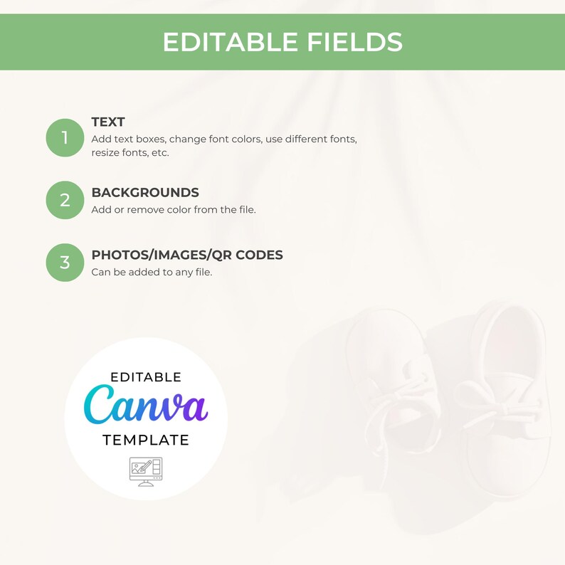 May include: A light background with the text "EDITABLE FIELDS" at the top. Below are numbered points describing how to edit the template. A Canva template logo is in the lower left, and two baby shoes are in the lower right.