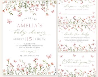 Wildflower Baby Shower Invitation Bundle | Floral Baby Shower Set | Baby in Bloom Baby Shower Pack | Spring Flowers Baby Shower Invite | BS8