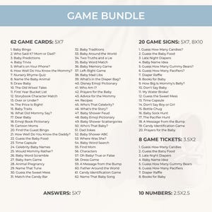 May include: A colorful printable game bundle for baby showers. The bundle includes 62 game cards, 20 game signs, 8 game tickets, and 10 numbers. The games are themed around babies and include topics like baby bingo, baby trivia, and baby shower games.