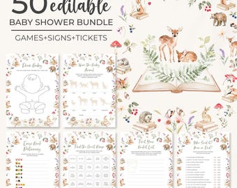 Könnte beinhalten: Eine Sammlung von Babyparty-Spielen, Schildern und Tickets. Das Design zeigt Aquarellillustrationen von Waldtieren, Blumen und einem offenen Buch. Der Text enthält "50 editierbar" und Spieltitel wie "Baby zeichnen" und "Nenne das Baby Tier".