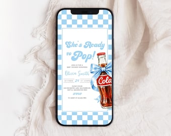 Invitación electrónica para baby shower "She's Ready to Pop" / Invitación telefónica para baby shower con temática de refrescos / Invitación para baby shower con estampado de cuadros azules y cola / Invitación electrónica para baby shower con lazo para niño / BS49