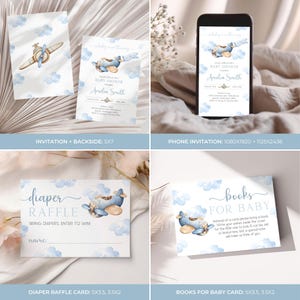 May include: Blue and white baby shower invitation with a watercolor illustration of a plane flying through clouds. The invitation includes the text "Baby is on the way" and "Baby Shower".