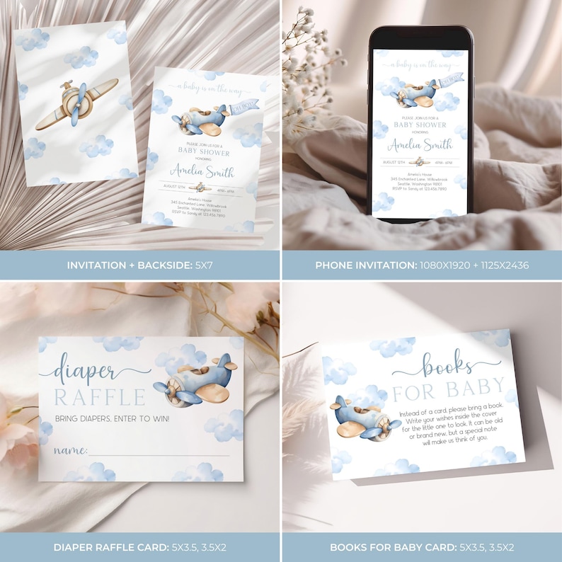 May include: Blue and white baby shower invitation with a watercolor illustration of a plane flying through clouds. The invitation includes the text "Baby is on the way" and "Baby Shower".